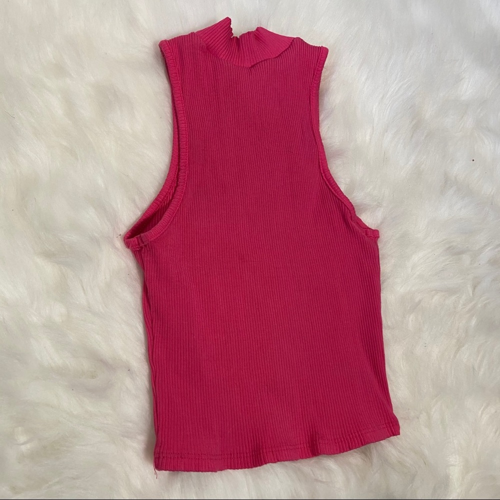 Shinestar Ribbed High Neck Crop Tank Top Pink